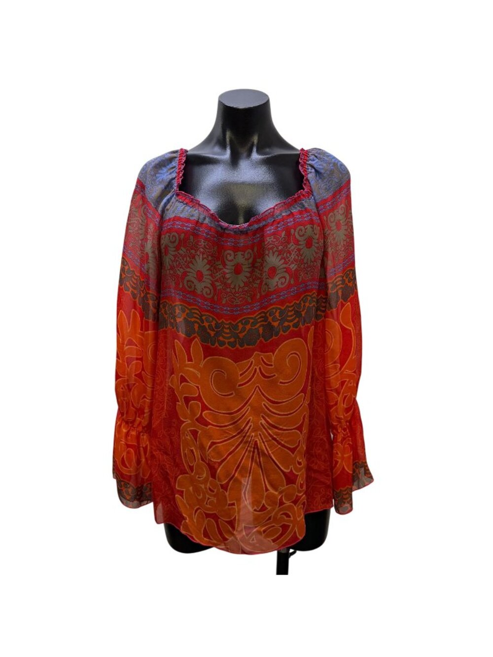 Hale Bob Printed Silk Blouse Red & Orange Long Sleeve Size M